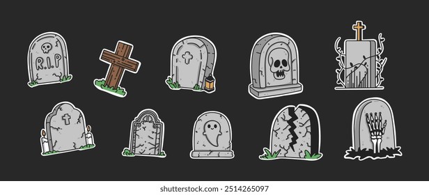 Gravestone Cemetery Halloween Cartoon Vector Stickers Collection