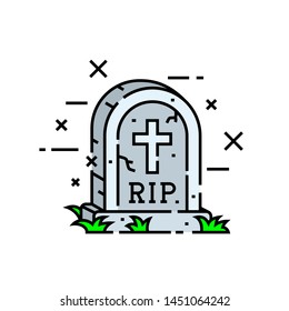 Gravestone Cemetery Line Icon. RIP Tombstone Symbol. Graveyard Headstone With Cross Sign. Vector Illustration.