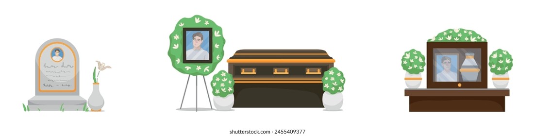 Gravestone with coffin and mortuary urn on white background