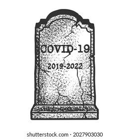 gravestone of covid sketch engraving vector illustration. T-shirt apparel print design. Scratch board imitation. Black and white hand drawn image.