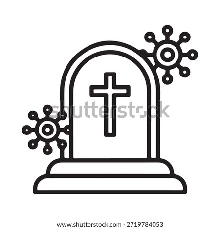 Gravestone with a cross and coronavirus particles depicting mortality and disease
