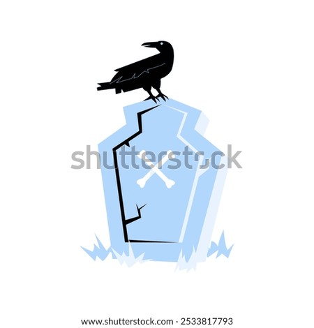 Gravestone With Cross And Crow In Flat Vector Illustration Symbolizing Death, Mourning, And Halloween Spirit, Isolated On White Background