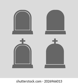 Gravestone with cross logo, tombstone icon, headstone silhouette vector clipart set. Simple flat modern design.
