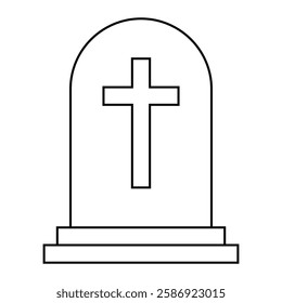 Gravestone with cross vector illustration. Headstone outline icon for cemetery, funeral, and memorial themes.