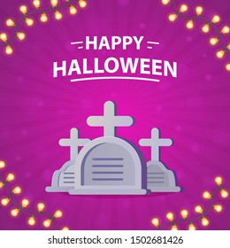 Gravestone with crosses and garland. Happy halloween holiday banner.Vector illustration.Isolated on a white background.
