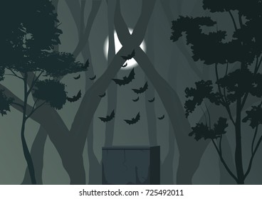 Gravestone in the dark forest vector illustration. 
Full moon in the night sky, flying bats and old woods, Hallowen art