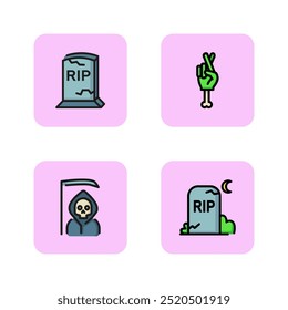 Gravestone and death line icon set. Cemetery, zombie hand, skeleton and scythe. Halloween and horror concept. Vector illustrations can be used for topics like graveyard, funeral, mystery