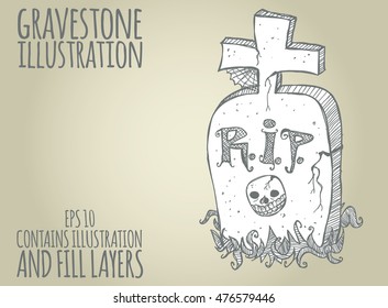 Gravestone, doodle vector illustration with fill and outline layers