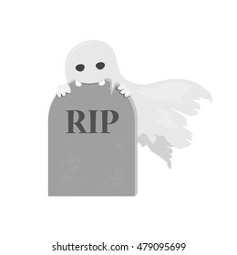 Gravestone and ghost. Ghost isolated on white background. Halloween vector illustration.