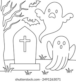 Gravestone and Ghosts Halloween Outline Coloring Page