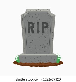 Gravestone with grass on ground. Old tombstone on grave with text RIP. Vector illustration.
