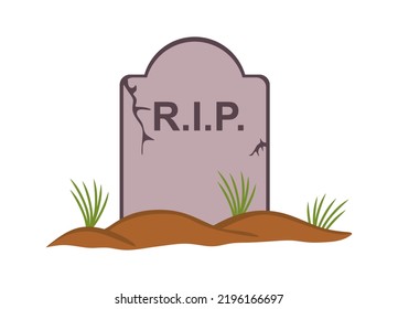 Gravestone with grass on the ground. Old tombstone on the grave with the text RIP. Old tombstone made of marble stone with the title R.I.P. Rest in peace. Grave or cemetery flat colorful illustration