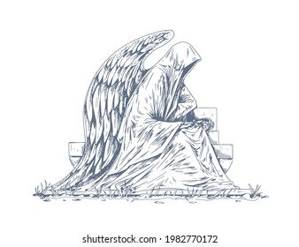 Gravestone of grave with stone angel sculpture sitting over headstone. Catholic tombstone with statue. Outlined religious memorial tomb. Hand-drawn vector illustration isolated on white background