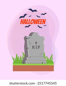 Gravestone for Halloween banner design. Lettering with flying bats on abstract background. Holiday, celebration, death concept. Vector illustration for poster