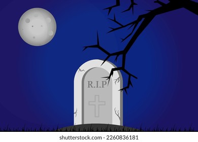 Gravestone in the halloween night. Spooky vibe. Halloween poster. Cemetry in the halloween. Scary atmosphere. Vector image