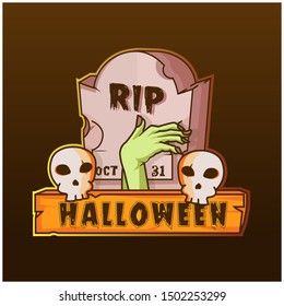 Gravestone and hand zombie skull halloween logo illustration