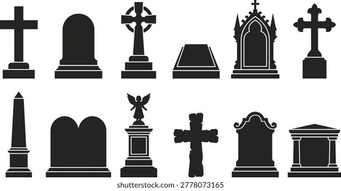 Conjunto de siluetas de lápidas y lápidas con cruces cristianas, obelisco, estatua de ángel y Formas góticas de lápidas para diseño de cementerio o cementerio