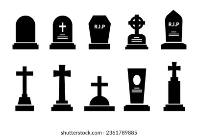 Gravestone, headstone and tombstone icons, tomb stone vector silhouettes. Cemetery or graveyard tombstones with RIP memorial and gothic cross, funeral grave burial and Christian cemetery monuments