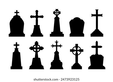 Grabstein, Grabstein, Grabsteinsilhouetten. Grabsteinsymbole. Vektorgrafik Set von schwarzen silhouettierten Formen von Grabkreuzen, Friedhof Friedhof Friedhofsarchitektur. Vereinzelte Gedenkschatten