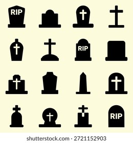 Conjunto de iconos de lápida con símbolos de cruz y RIP en estilo de silueta plana