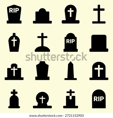 Gravestone Icon Set With Cross And RIP Symbols In Flat Silhouette Style