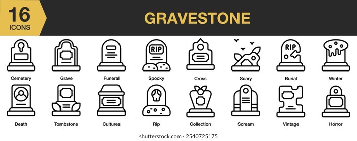 Gravestone icon set. Includes burial, cemetery, collection, cross, death, funeral, grave, and More. Outline icons vector collection.