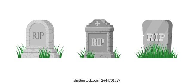 Gravestone icons with RIP text and grass. Set of cartoon tombstones in different shapes and stone textures.