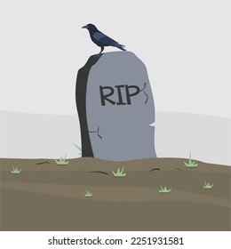 Gravestone Illustration. Vogel sitzt auf Grab. Flacher Stil. Tombstone, einzelne Vektorgrafik. Grabenkopfstein, Friedhof mit Gras. Vektorgrafik 