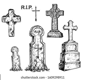 Gravestone illustration, drawing, engraving, ink, line art, vector. Gravestone engraving, sketch. Attributes and symbols of condolence, loss, death, bereavement and cemetery. Sketch of vintage