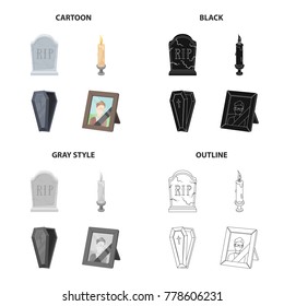 A gravestone with an inscription, a lighted candle, a coffin, a photograph of the deceased. Funeral ceremony set collection icons in cartoon black monochrome outline style vector symbol stock