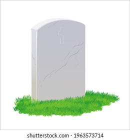 A gravestone made of gray marble and a green lawn on a white background. Vector illustration of a cemetery.