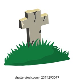 Gravestone on grass. Concept cartoon gravestone. Vector clipart illustration isolated on white background