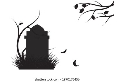 Gravestone on grass with creepy trees and two leaves in the wind. Halloween elements design collection on white background.