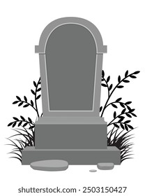 Gravestone on the ground, plants and grass behind, some rocks at front. Vector illustration for Halloween.