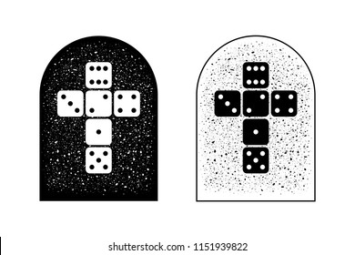 Gravestone for the player. Tombstone on grave  with a cross.  Sketch for tattoo, for printing, textiles, jewelry, souvenirs. Typography poster. Isolated monochrome image. Vector EPS8.