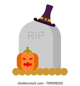 Gravestone and pumpkin. Grave and hat witch. Halloween symbol. Vector illustration
