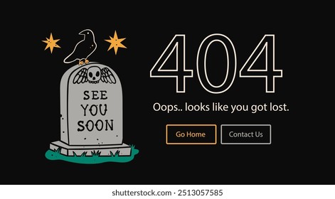 Gravestone, raven. Oops, looks like you got lost. Error 404, page not found, system error concept. Website, browser failure, popping window, problem template. Hand drawn Vector illustration