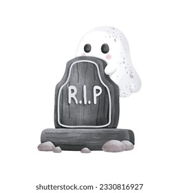 Gravestone rip with cute ghost Halloween rip watercolor vector illustration element on white background