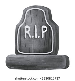 Gravestone rip with cute ghost Halloween rip watercolor vector illustration element on white background