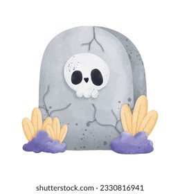 Gravestone rip with cute ghost Halloween rip watercolor vector illustration element on white background