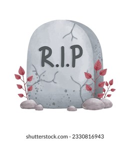 Gravestone rip with cute ghost Halloween rip watercolor vector illustration element on white background