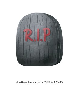 Gravestone rip with cute ghost Halloween rip watercolor vector illustration element on white background