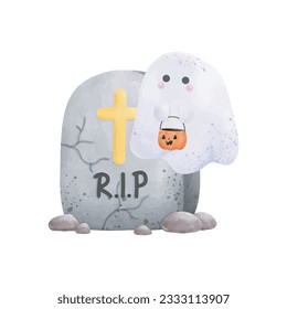 Gravestone rip with cute ghost Halloween rip watercolor vector illustration element on white background