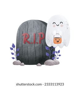 Gravestone rip with cute ghost Halloween rip watercolor vector illustration element on white background