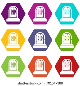 Gravestone with RIP text icon set many color hexahedron isolated on white vector illustration
