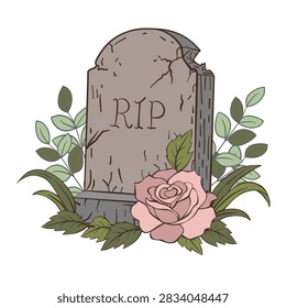 Gravestone with RIP Text and Pink Rose Vector Illustration Isolated on Transparent Background