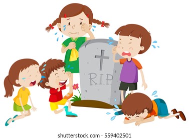 Gravestone scene with children crying illustration