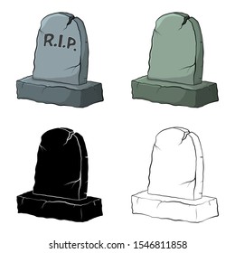 Gravestone set with cracks, rest in peace inscription , outline , empty and silhouette isolate on white background