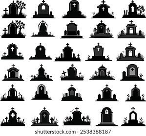 Gravestone silhouette isolated on transparent background. Vector illustration