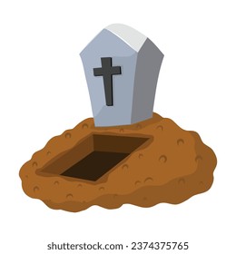 Gravestone stands on ground with grave. Cartoon illustration. isolated on white background. Vector